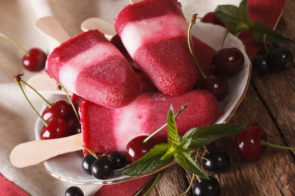 水果冰淇淋与樱桃和醋栗在棍子特写。霍尔 — 图库照片