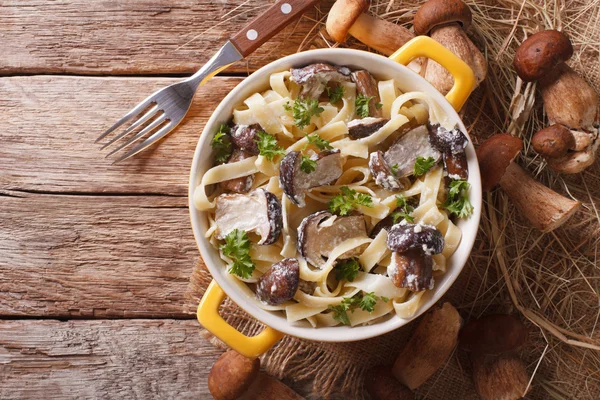 Pasta fettuccine with wild mushrooms in cream sauce closeup in a — Stock Photo, Image