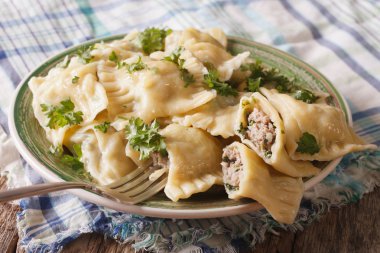 Alman mantı Maultaschen ıspanak ve et ile kapatın. Yatay
