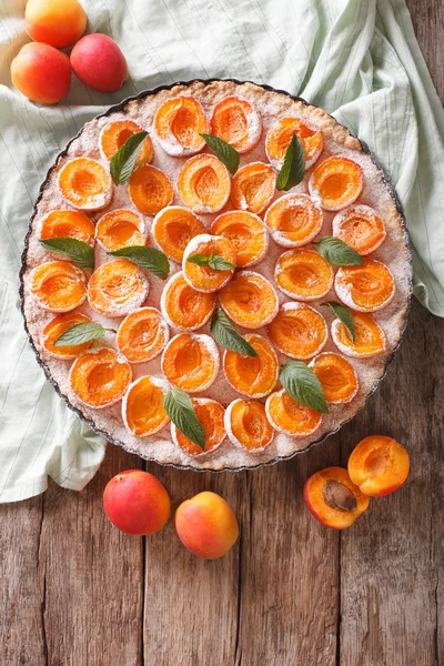 Tarta de albaricoque con azúcar en polvo y menta de cerca en el plato. Vert. — Foto de Stock