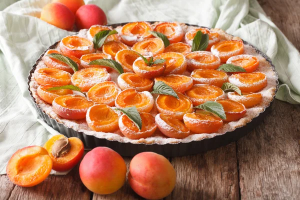 Apricot tart with fresh mint close up in baking dish. horizontal — Stock Photo, Image