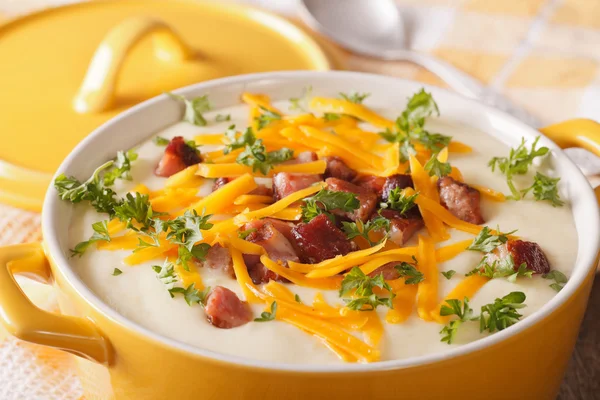 Sopa de puré de papa con tocino y cheddar de cerca en una sartén. Hori. — Foto de Stock