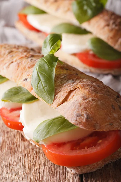 Italiaanse caprese sandwich macro op tafel. verticale — Stockfoto