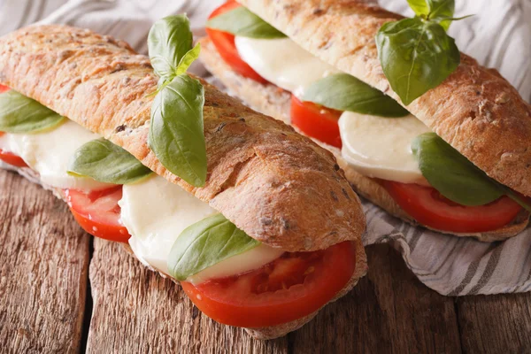 意大利三文治配番茄，干酪和罗勒的特写。何 — 图库照片