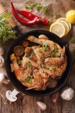 Sıcak kızarmış tavuk Tabaka ile malzemeler yakın çekim. Dikey üst