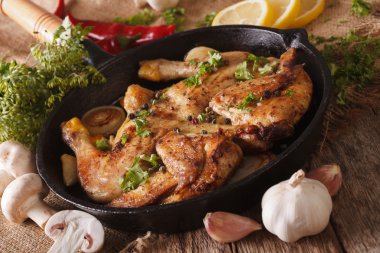 Sıcak kızarmış tavuk Tabaka ile malzemeler yakın çekim. Yatay