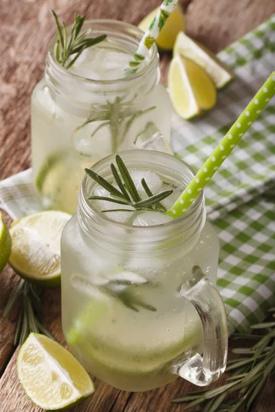 Boisson froide estivale avec citron vert, glace et romarin macro dans un verre j — Photo