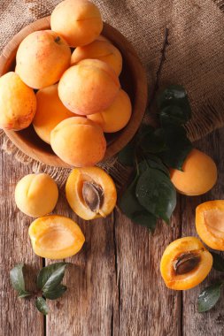 Tablo yakın çekim üzerinde ahşap bir kase taze kayısı. dikey 