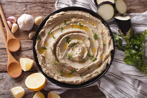 Arabic food baba ghanoush close-up and ingredients. Horizontal t