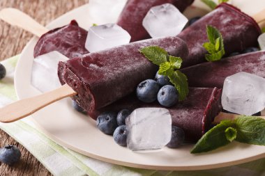 Lezzetli blueberry sorbe bir plaka üzerinde bir sopa makro üzerinde. Horizont