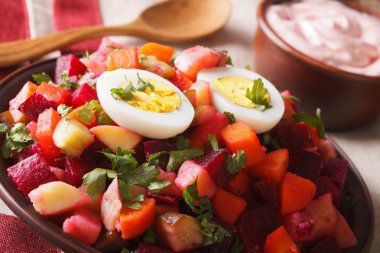 Fin rosolli sebze salata ve sos yakın çekim. Yatay