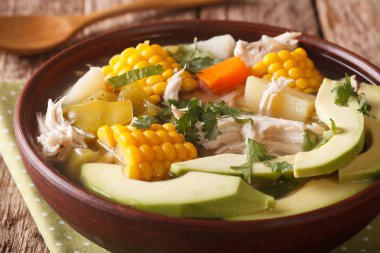 Lezzetli patates çorbası ajiaco bir kapta kapatın. Yatay