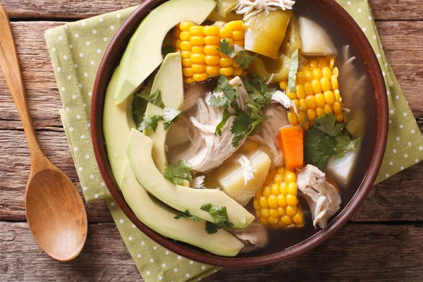 Tasty soup ajiaco with chicken and vegetables close up. Horizont — Stock Photo, Image