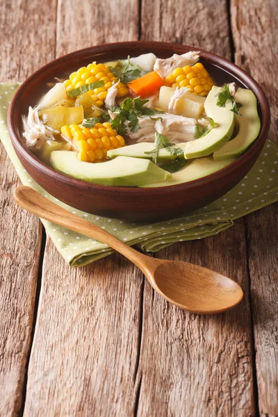 Κοντινό ajiaco νόστιμη σούπα με κοτόπουλο και λαχανικά. Κάθετη — Φωτογραφία Αρχείου