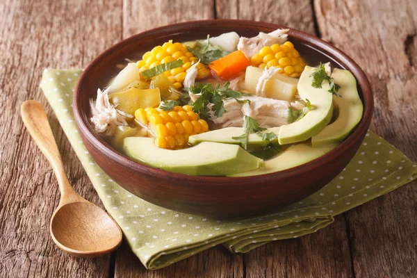 Colombian cuisine: ajiaco soup with chicken and vegetables close — Stock Photo, Image