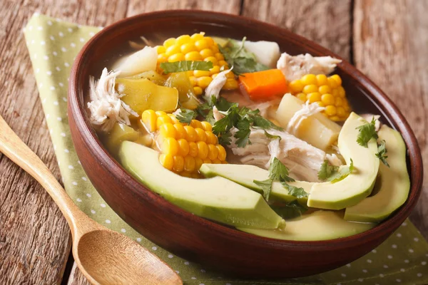 Potato soup ajiaco with chicken close up in a bowl. horizontal — Stock Photo, Image