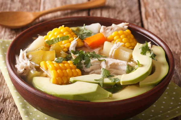 Närbild av välsmakande soppa ajiaco med kyckling och grönsaker. Horizont — Stockfoto