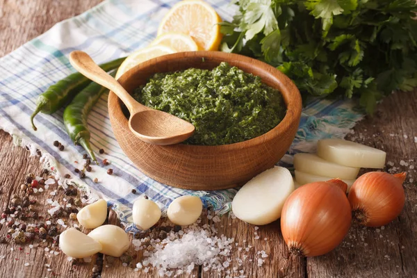 South American cuisine: chimichurri sauce and ingredients close- — Stock Photo, Image