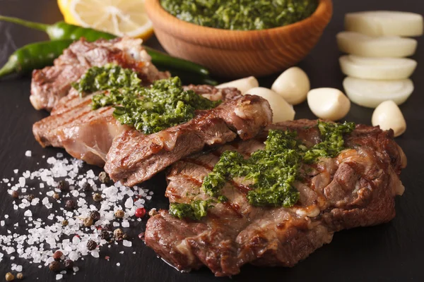 Argentinische Küche: gegrilltes Rindersteak mit Chimichurri-Sauce mac — Stockfoto