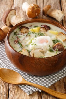 Kulajda, ekşi kremalı patates, dereotlu yaban mantarı ve yumurtanın yakın planda olduğu bir Çek mutfak çorbasıdır. Dikey