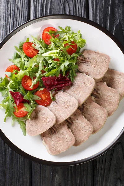 Cold Cuts Beef Tongue Served Fresh Salad Closeup Plate Table — Stock Photo, Image