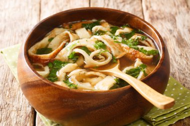 Soup with sliced crepes with bulonomkrupnym up to the plate on the table. horizonta