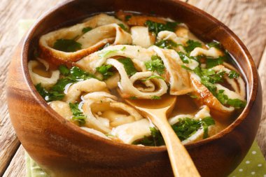 Delicious Austrian and German pancake soup close-up in a plate on the table. horizonta
