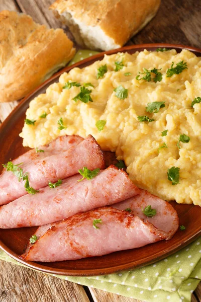 Pease Pudding Made Cooking Yellow Split Peas Served Fried Ham — Stock Photo, Image