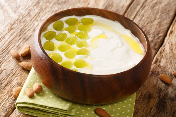 Spanish Cold Soup Made Chopped Almonds Bread Garlic Served Green — Stock Photo, Image