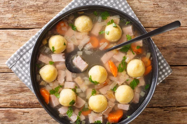 Delicious Liechtenstein Cuisine Soup Ham Cornmeal Dumplings Close Plate Table — Stock Photo, Image