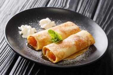 Austrian breakfast Palatschinken Apricot crepes with powdered sugar close-up in a plate on the table. horizonta