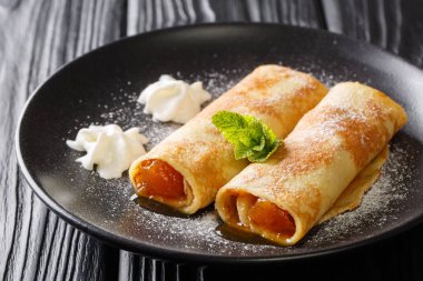 Apricot crepes traditional Austrian cuisine close-up in a plate on the table. horizonta