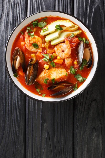 Томатный Суп Sopa Mariscos Морепродуктами Овощами Крупным Планом Миске Столе — стоковое фото