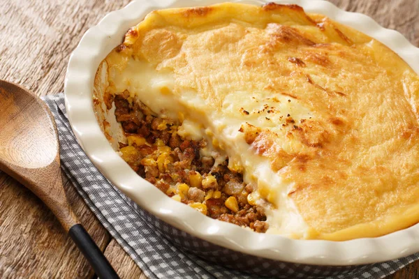 Pastel Paté Canadiense Con Carne Molida Maíz Puré Papas Cerca —  Fotos de Stock