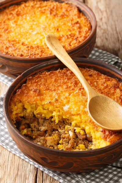 Pastel Choclo Chilan Beef Corn Casserole Detailně Misce Stole Vertica — Stock fotografie