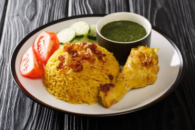 Asya Tavuğu Biryani Yemek Tarifi Khao Mok Gai ve sosu tabağa yakın. Yatay