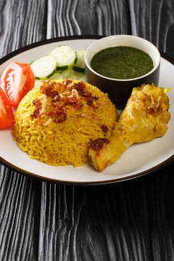 Khao Mok Gai Tayland Tavuğu ve pirinçli tabakta yakın plan. Dikey