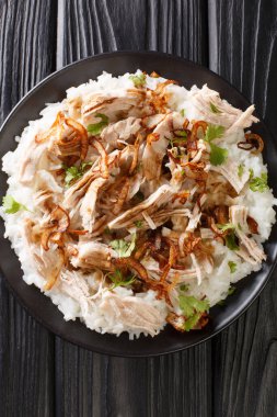 Tayvan hindi pilavı, kızarmış soğan ve sosla birlikte masanın üzerindeki tabağa yakın. Yukarıdan dikey üst görünüm