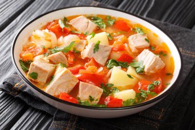 Sebzeli İspanyol ton balığı çorbası. Masanın üzerinde yakın plan bir tabakta. yatay