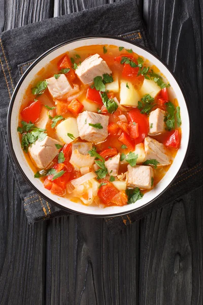 Panela Atum Marmitako Prato Simples Com Atum Batatas Cebolas Pimentas — Fotografia de Stock