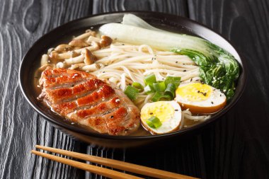 Asya erişte çorbası, ördekli ramen, mantar, sebze ve siyah ahşap arka planda yumurta. yatay