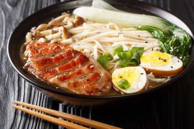 Ördekli erişte çorbası, erişte, yumurta ve Çin mantısı siyah masada. yatay