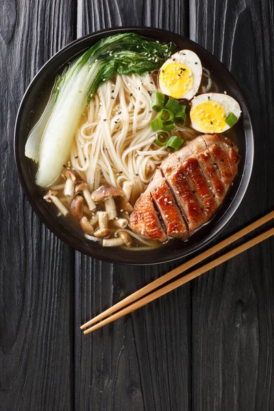 Miso Ramen Asya Eriştesi Yumurta Ördek Lahana Kasesinde Koyu Arka — Stok fotoğraf