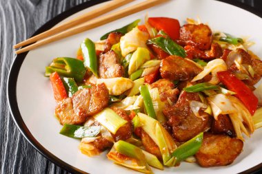 İki kere pişirilmiş domuz hui guo rou Szechuan Pork Stir Fry ahşap masanın üzerindeki tabağa yakın çekim. Yatay