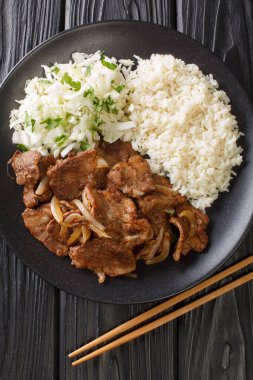 Lezzetli Shogayaki zencefilli domuz eti dilimlenmiş soğanla pişirilmiş ince dilimlenmiş domuz eti ve pirinç ve lahana ile sunulan zencefil veya masanın üzerindeki tabakta yakın plan salata. Yukarıdan dikey üst görünüm