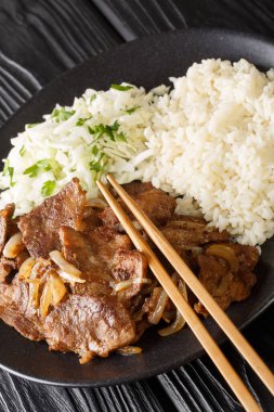 Lezzetli Shogayaki zencefilli domuz eti dilimlenmiş soğanla pişirilmiş ince dilimlenmiş domuz eti ve pirinç ve lahana ile sunulan zencefil veya masanın üzerindeki tabakta yakın plan salata. Dikey