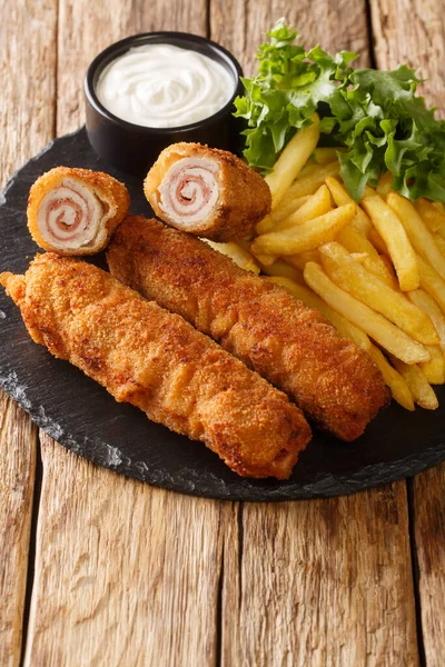 Andalusian Fried Pork Rolls Flamenquines French Fries Closeup Slate Plate — Foto de Stock