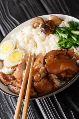 Domuz budu pilav, yumurta ve şifalı bitki Thai Khao Kha Moo yakın plan masadaki kasede. Dikey