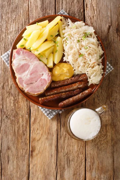 Smoked Kassler Pork Neck Fried Sausages Sauerkraut Mashed Potatoes Mustard — Stock Photo, Image