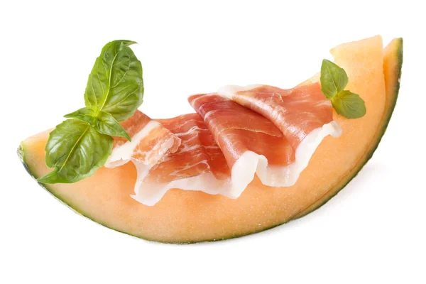 Slice of melon with ham and basil isolated on white — Stock Photo, Image
